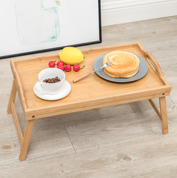Lazy Bed Table Laptop Desk Breakfast Serving Tray with Folding Legs Foldable Bamboo Wood