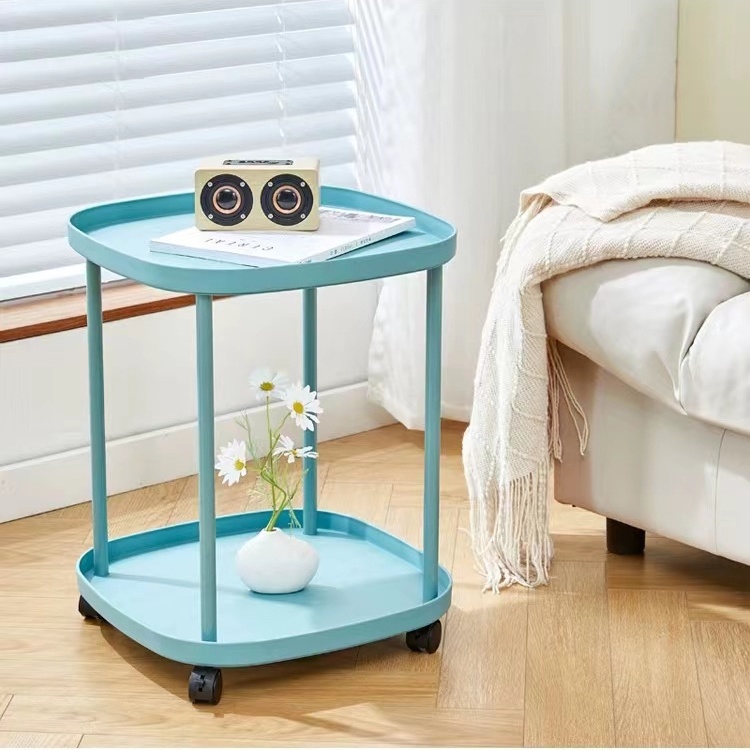 Movable double-layer living room side table 43 x 43 x 54cm storage rack beside table with wheels