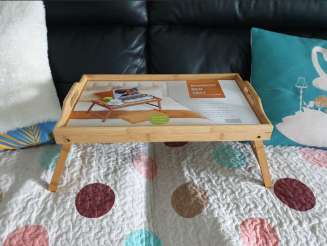 Lazy Bed Table Laptop Desk Breakfast Serving Tray with Folding Legs Foldable Bamboo Wood