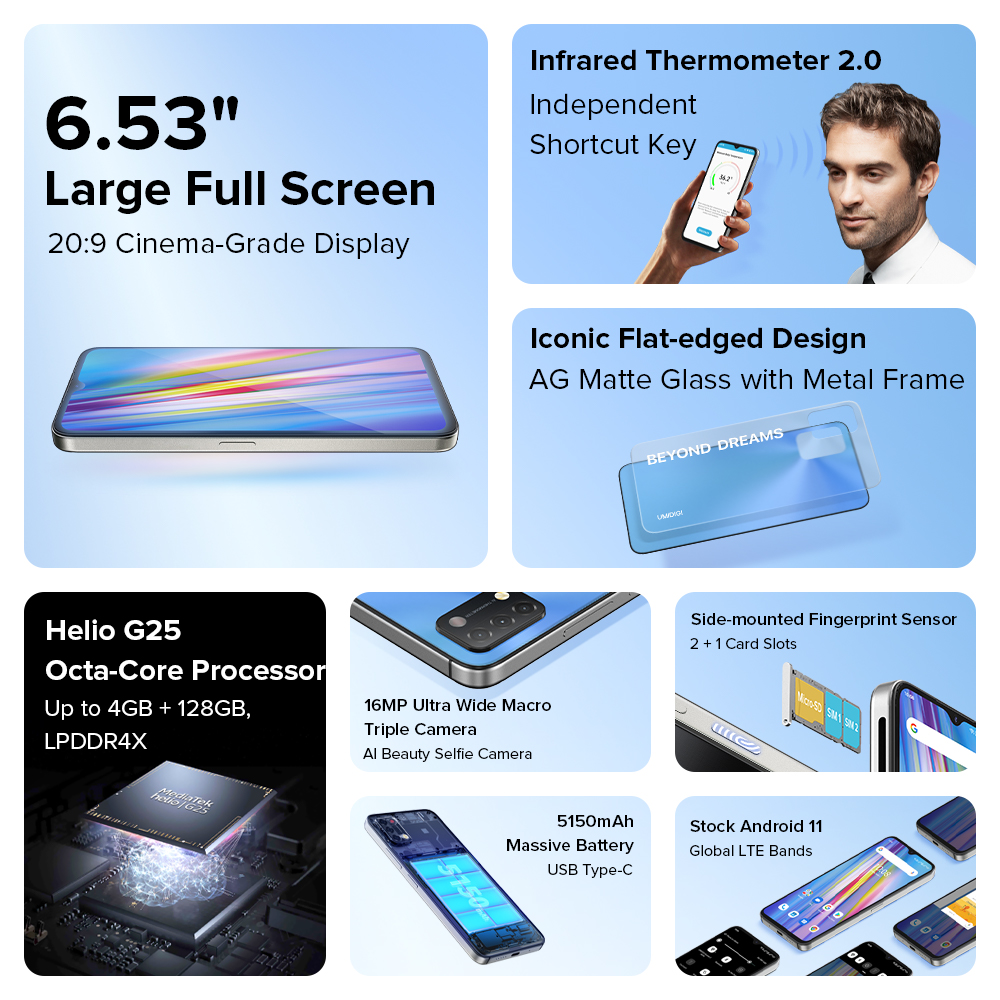 UMIDIGI A11 Smartphone Android 11 Helio G25 3GB/4GB RAM 64GB/128GB ROM 6.53" 16MP AI Triple Camera HD+ 5150mAh A11 Global Version