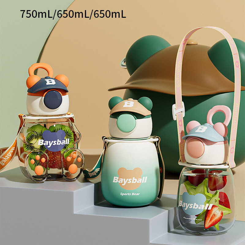 Ready stock Children's Plastic Tritan Sports WaterBottle With Straw Portable Leakproof Cute Cartoon Student Straps Water Cup BPA Free Bottle HGZ034