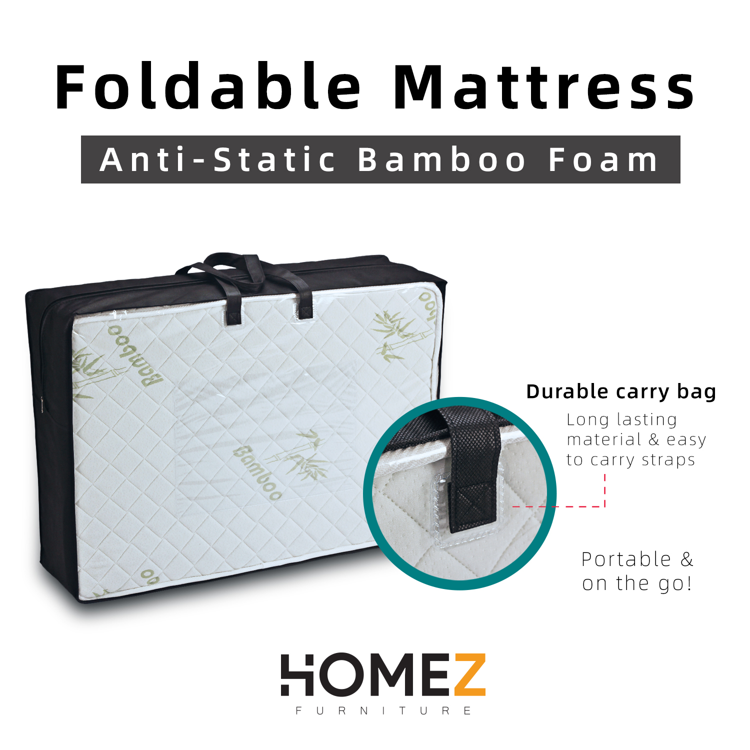 [Pre-order: ETA: 15/12/2023] Homez 3 inch Foldable Anti-Static Bamboo Foam Mattress with Portable Carry Bag - Single