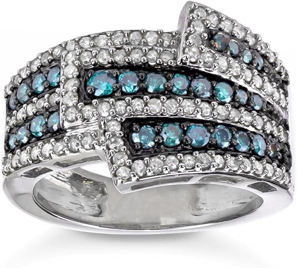 1.00 CTTW 925 Sterling Silver Blue and White Diamond Statement Cocktail Wedding Ring for Women