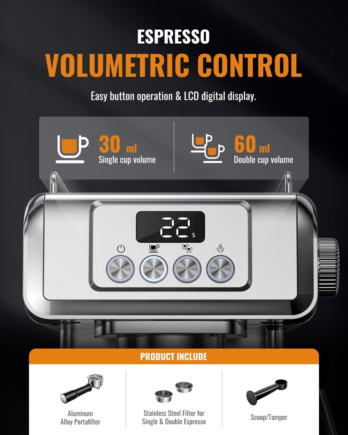 SHARDOR 20-Bar Espresso Machine for Home Barista, Built-In Steam Wand for Latte & Cappuccino, Stainless Steel Coffee Maker with Temp Display, 1350W, 60oz Water Reservoir