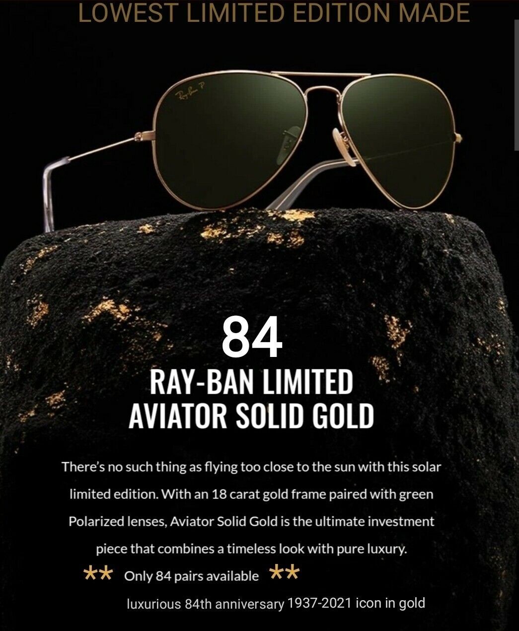 Ray-Ban pilot 3025 K Solid Gold 18k Limited 84 Rare, brand-new, intact and unique pilot * * *-