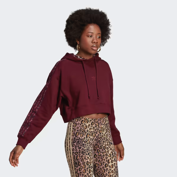 New Adidas Originals Cropped hoodie maroon leopard striped sweater-