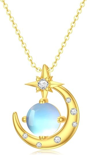 14K Gold Moon and Star Necklace for Women Solid 14K Gold Moon Star Pendant Necklace with Moonstone Birthday Anniversary Jewelry Gift