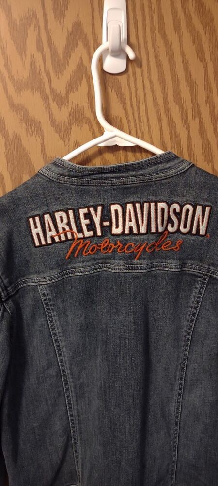 Vintage Women Harley-Davidson Denim Jacket Embroidered Zip Up sz L #99065-08VW