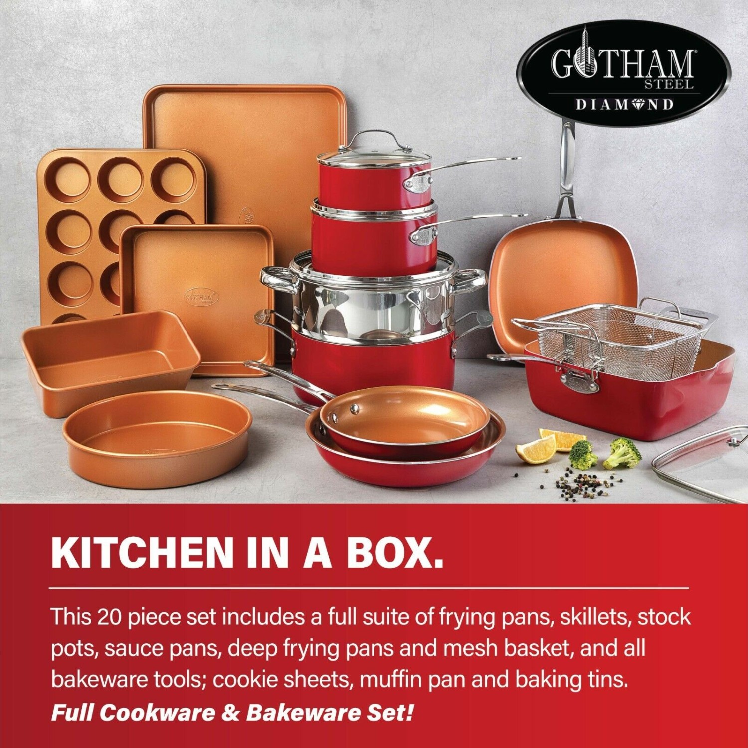 Gotham steel 20-piece nonstick cookware and baking set-3 colors to choose from