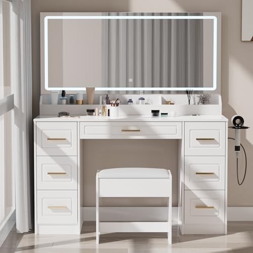 Dressing Table with Mirror and LED Light, 43 Inch Wide Makeup Table with Power Outlet, 3 Color Modes, 7 Drawer Dressing Table with Chair, Bedroom Dressing Room