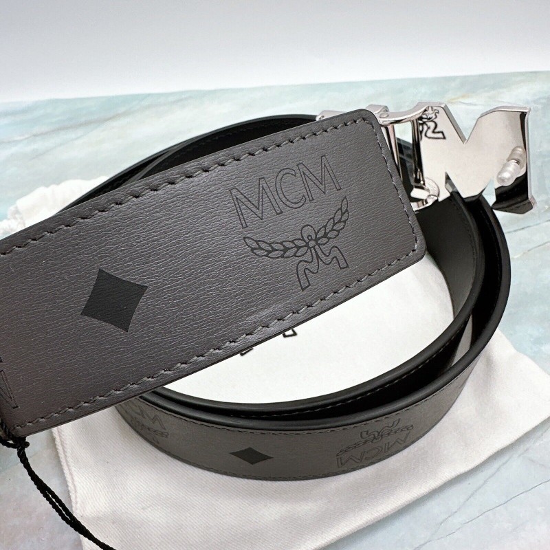 Mcmcclaus smooth visetos logo gray leather double-sided M buckle-