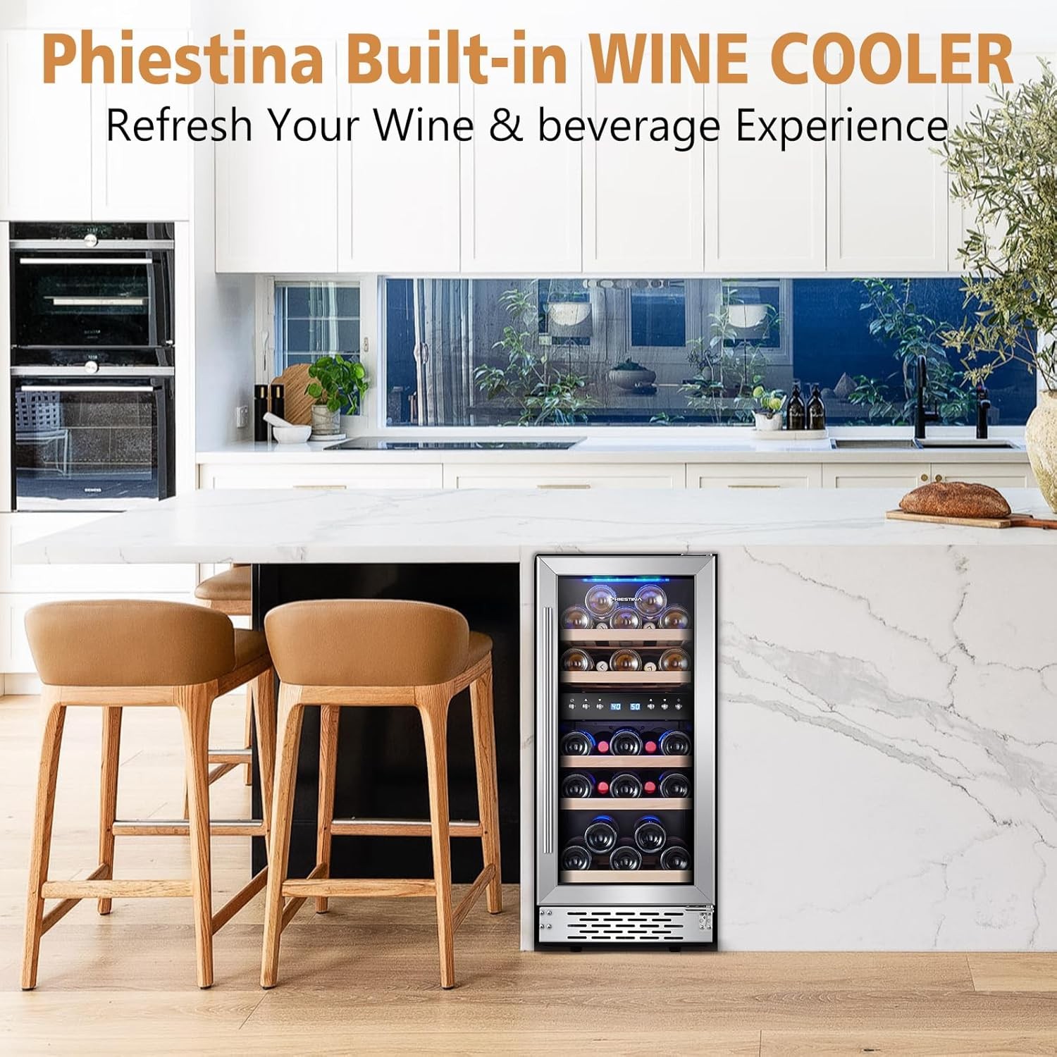 Phiestina Wine Fridge, 15 Inch Small Wine Cooler Refrigerator 31 Bottles Dual Zones Under Counter Temperature Control Built-in/Freestanding