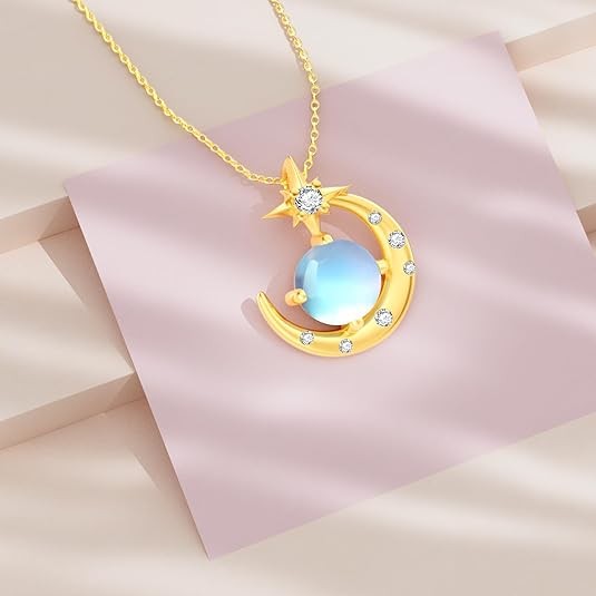 14K Gold Moon and Star Necklace for Women Solid 14K Gold Moon Star Pendant Necklace with Moonstone Birthday Anniversary Jewelry Gift