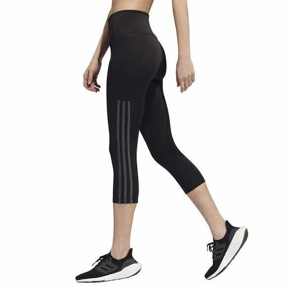 adidas Womens' 3-Stripe High Rise Waistband 3/4 Capri Leggings