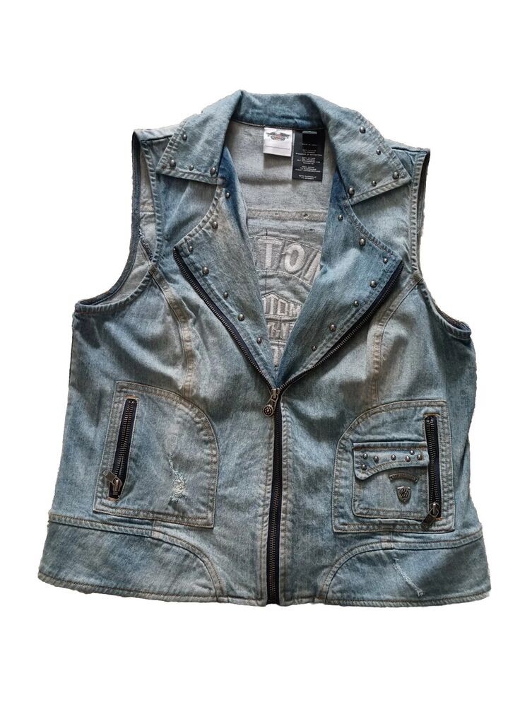 Harley-Davidson Denim Motorcycle Jean Vest Sz Large Women Patchwork Bandana