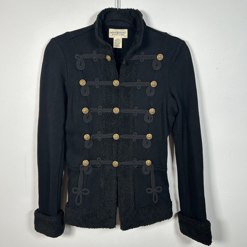 Denim Supply Ralph Lauren Band Jacket Military Officer Black Fur Coat Sz M