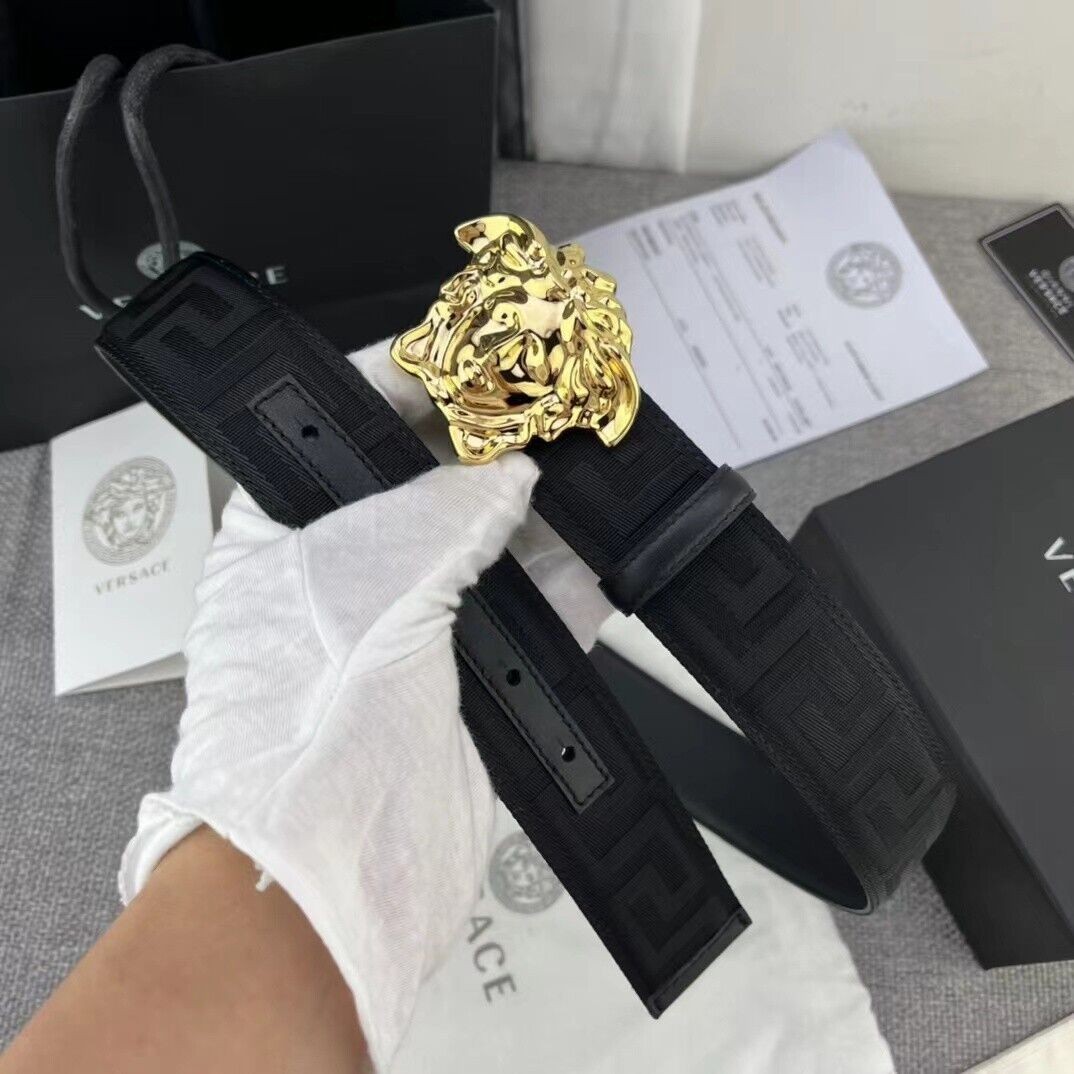 Versace La Medusa Men's Black/Gold Greca Print 40mm Nylon Belt New