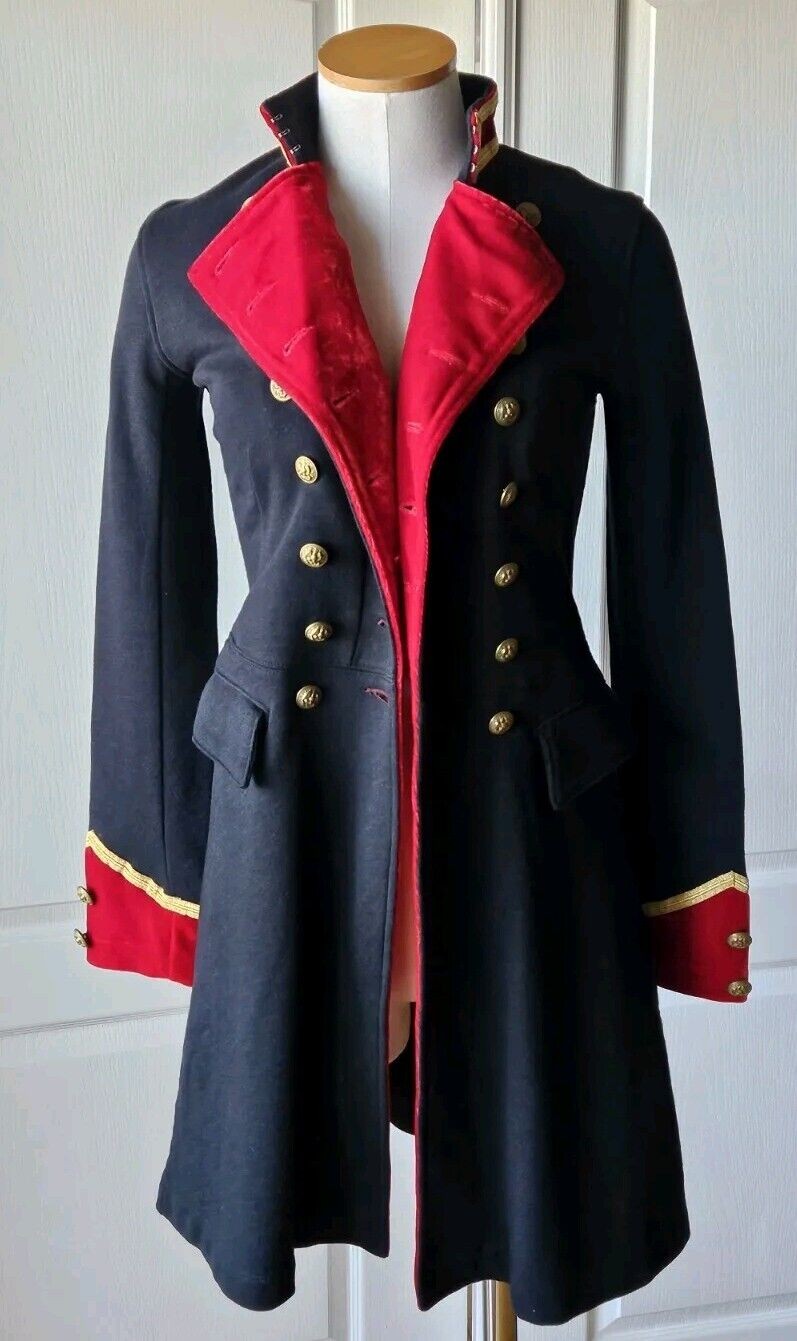 RARE Ralph Lauren Denim & Supply XS Black Red Velvet Military Long Coat Jacket