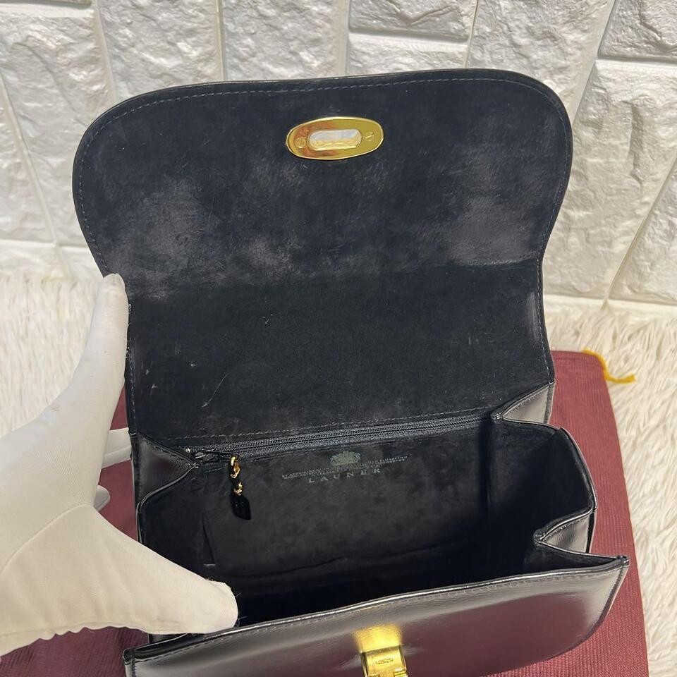 Authentic launer london top handle bag formal leather black vintage from japana