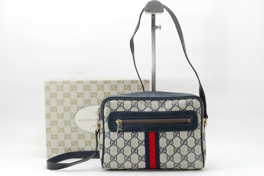 复古古驰单肩包 Sherry Line PVC 皮革海军蓝正品-