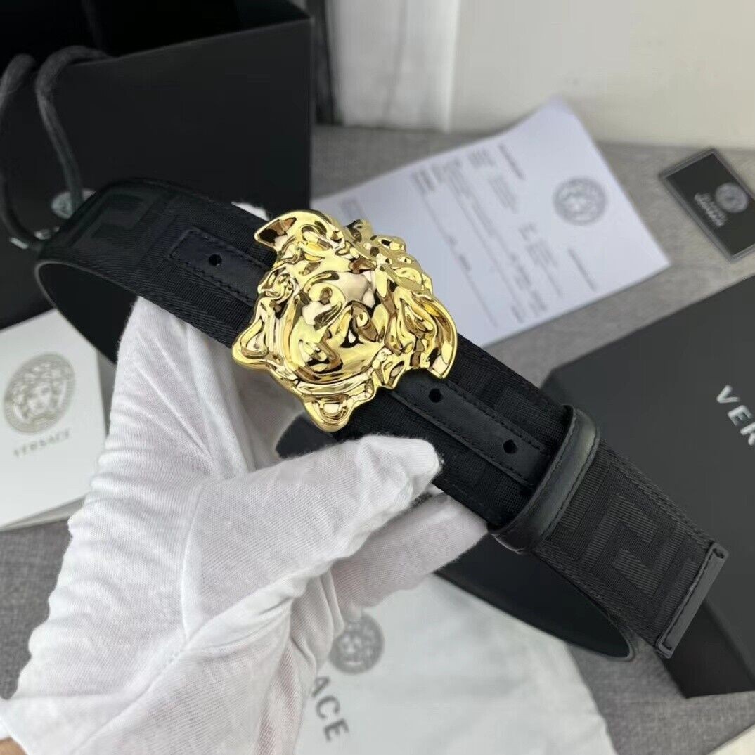 Versace La Medusa Men's Black/Gold Greca Print 40mm Nylon Belt New