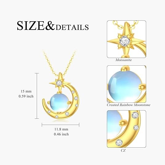 14K Gold Moon and Star Necklace for Women Solid 14K Gold Moon Star Pendant Necklace with Moonstone Birthday Anniversary Jewelry Gift