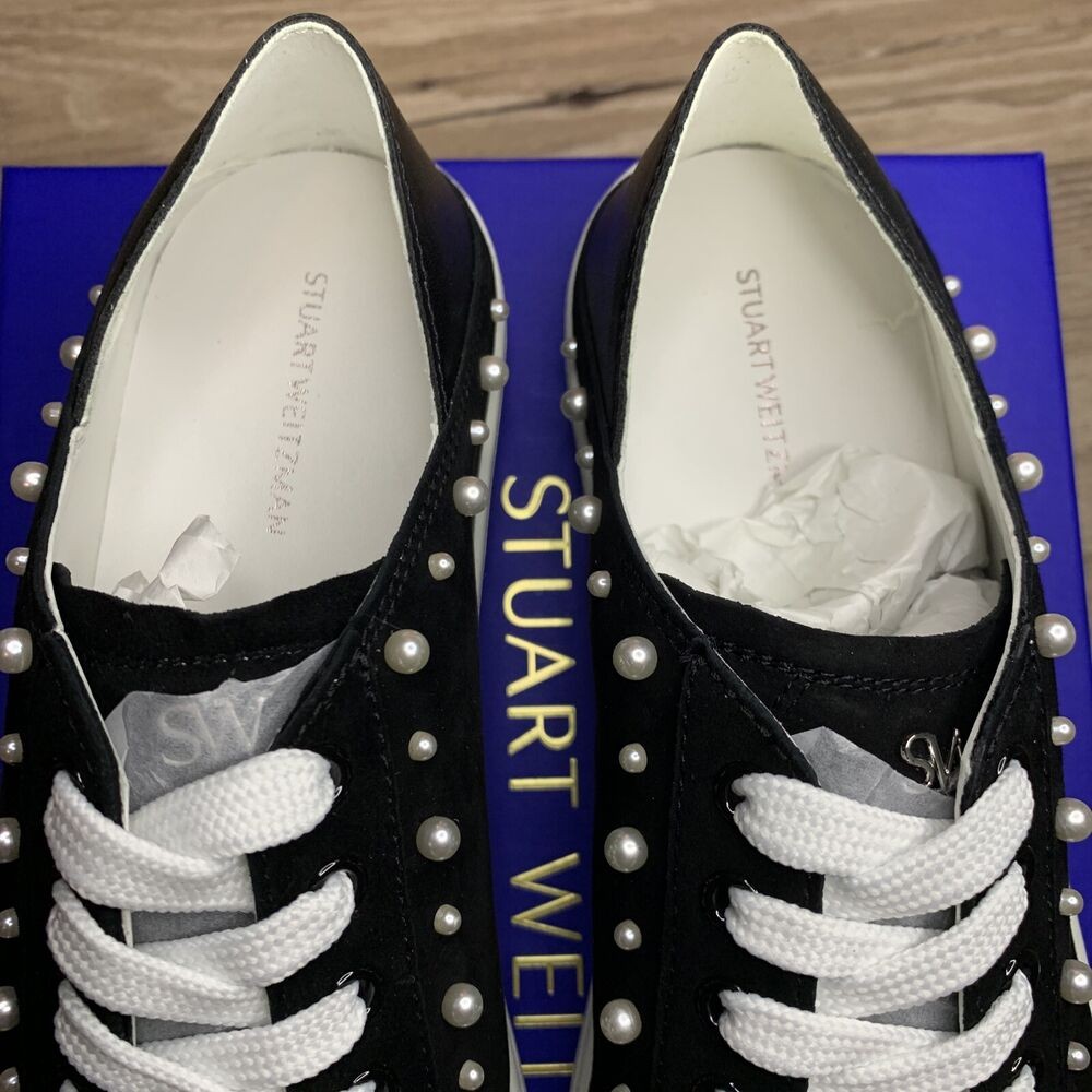 STUART WEITZMAN Goldie Black Pearl Super Stud Conv Sneaker Suede SA315 NEW