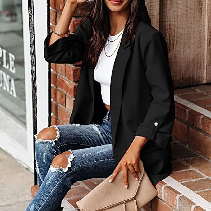 FSHAOES Women's Casual Blazers 3/4 Sleeve Open Front Cardigan Work Office Jackets Blazer with Pocket