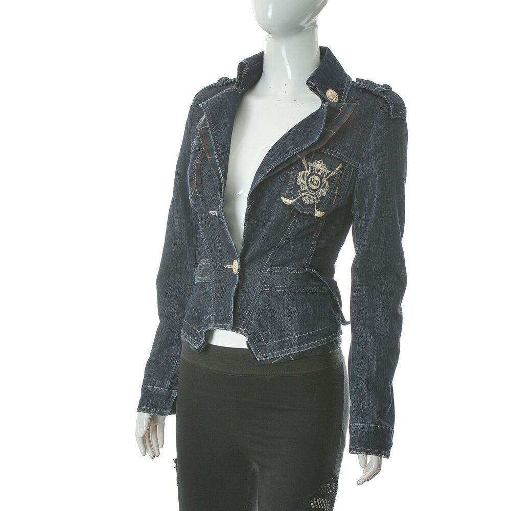 Rocco Barocco Women's Denim Jacket Blazer 2 Button Contrast Plaid Size DE-36