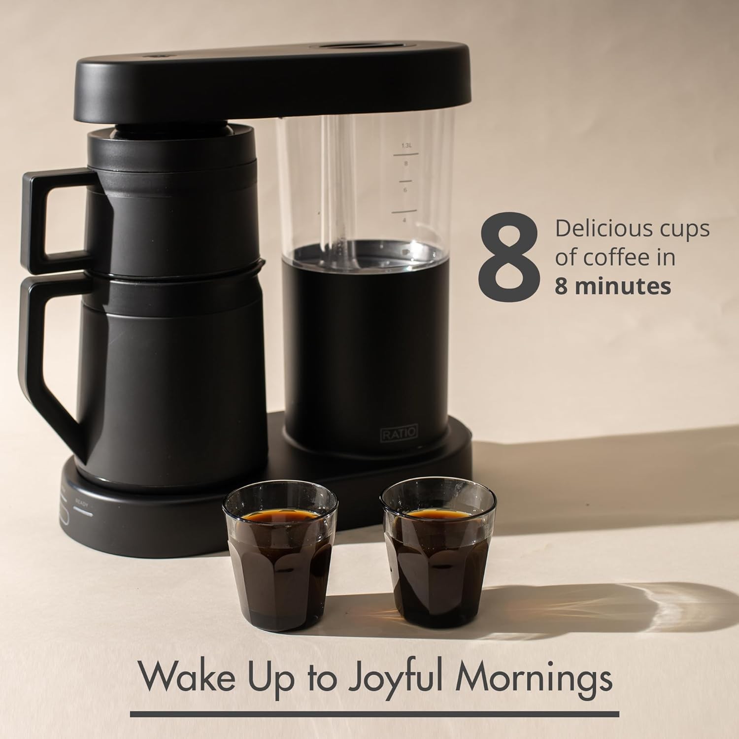 Ratio Coffee - Series 2 Six Coffee Maker, Simulated Pour-Over Coffee Maker, 1.25L/40oz Carafe Capacity, Matte Black, Makes 2-8 Cups, 6.75"D x 13.5"W x 3 2.4"H