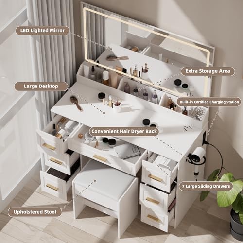 Dressing Table with Mirror and LED Light, 43 Inch Wide Makeup Table with Power Outlet, 3 Color Modes, 7 Drawer Dressing Table with Chair, Bedroom Dressing Room