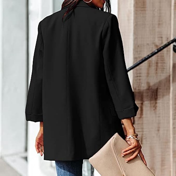 FSHAOES Women's Casual Blazers 3/4 Sleeve Open Front Cardigan Work Office Jackets Blazer with Pocket