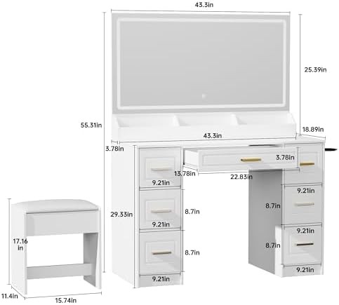 Dressing Table with Mirror and LED Light, 43 Inch Wide Makeup Table with Power Outlet, 3 Color Modes, 7 Drawer Dressing Table with Chair, Bedroom Dressing Room