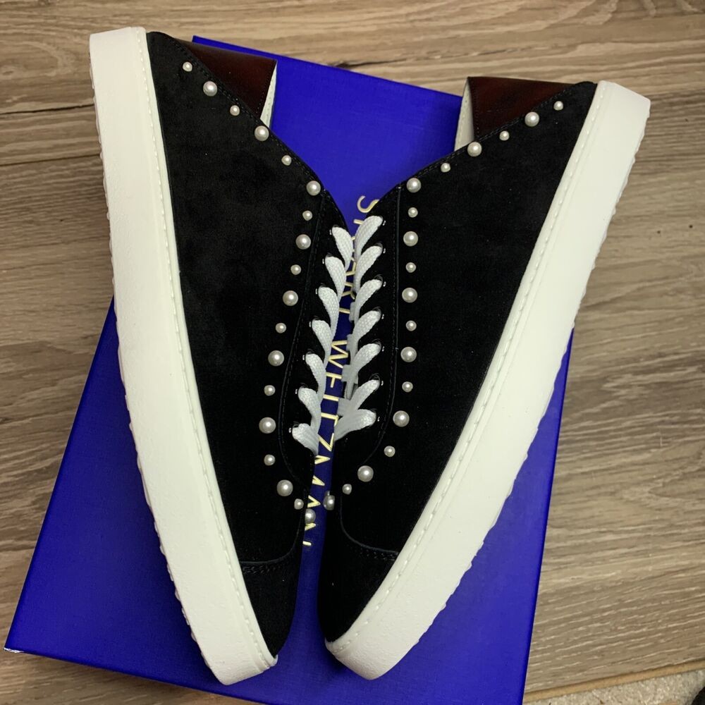 STUART WEITZMAN Goldie Black Pearl Super Stud Conv Sneaker Suede SA315 NEW
