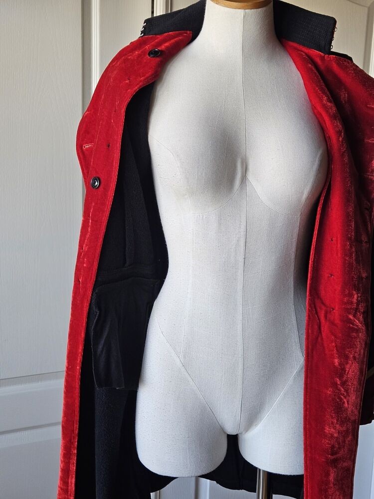 RARE Ralph Lauren Denim & Supply XS Black Red Velvet Military Long Coat Jacket