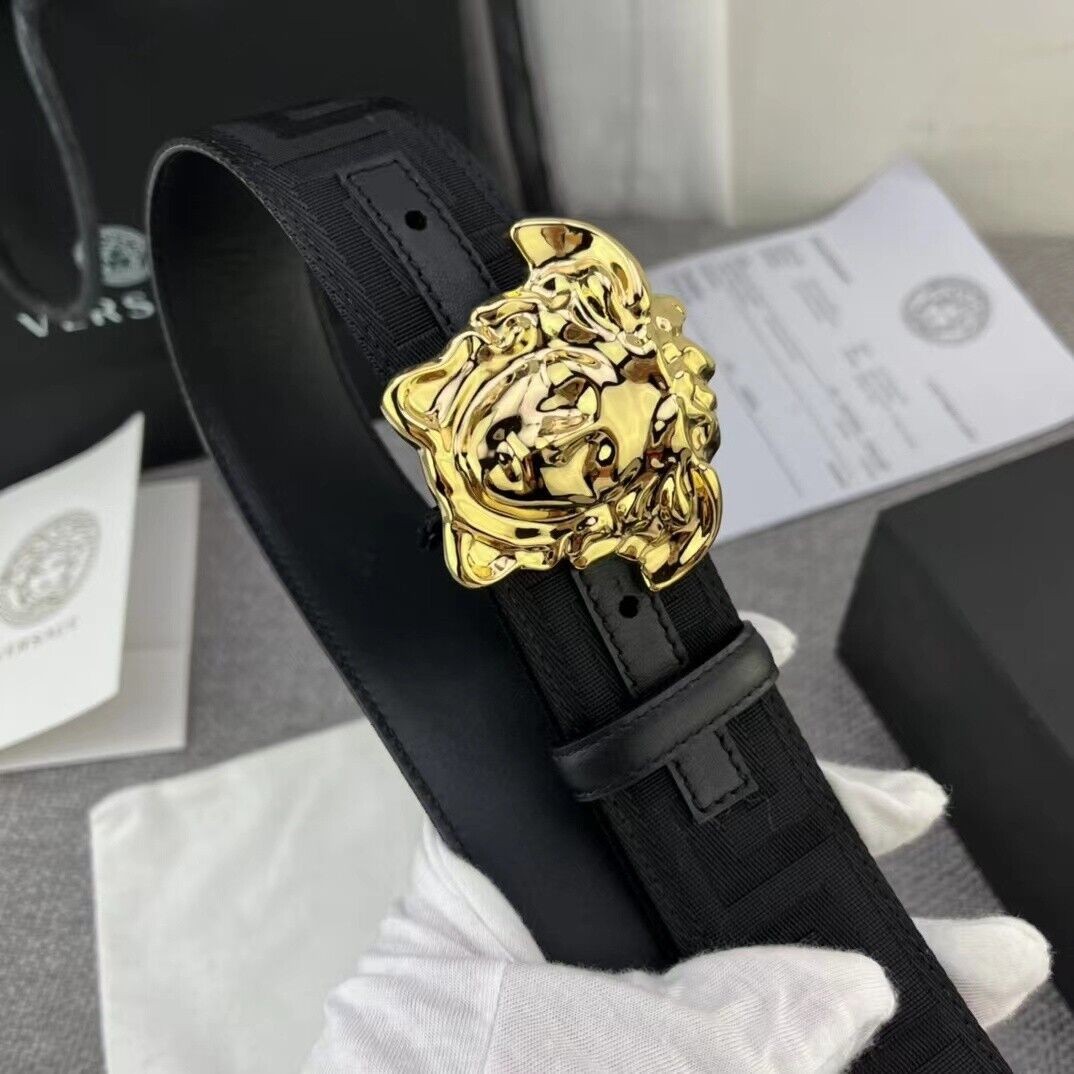Versace La Medusa Men's Black/Gold Greca Print 40mm Nylon Belt New