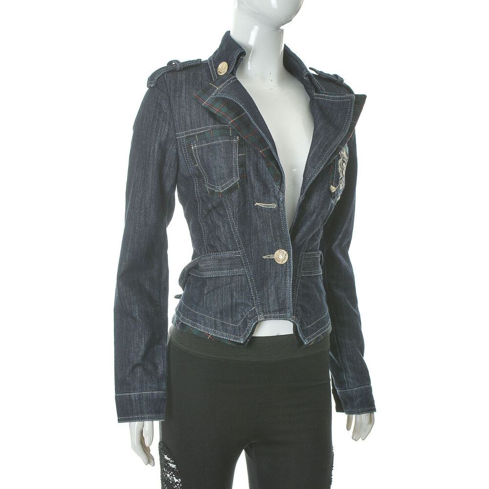 Rocco Barocco Women's Denim Jacket Blazer 2 Button Contrast Plaid Size DE-36