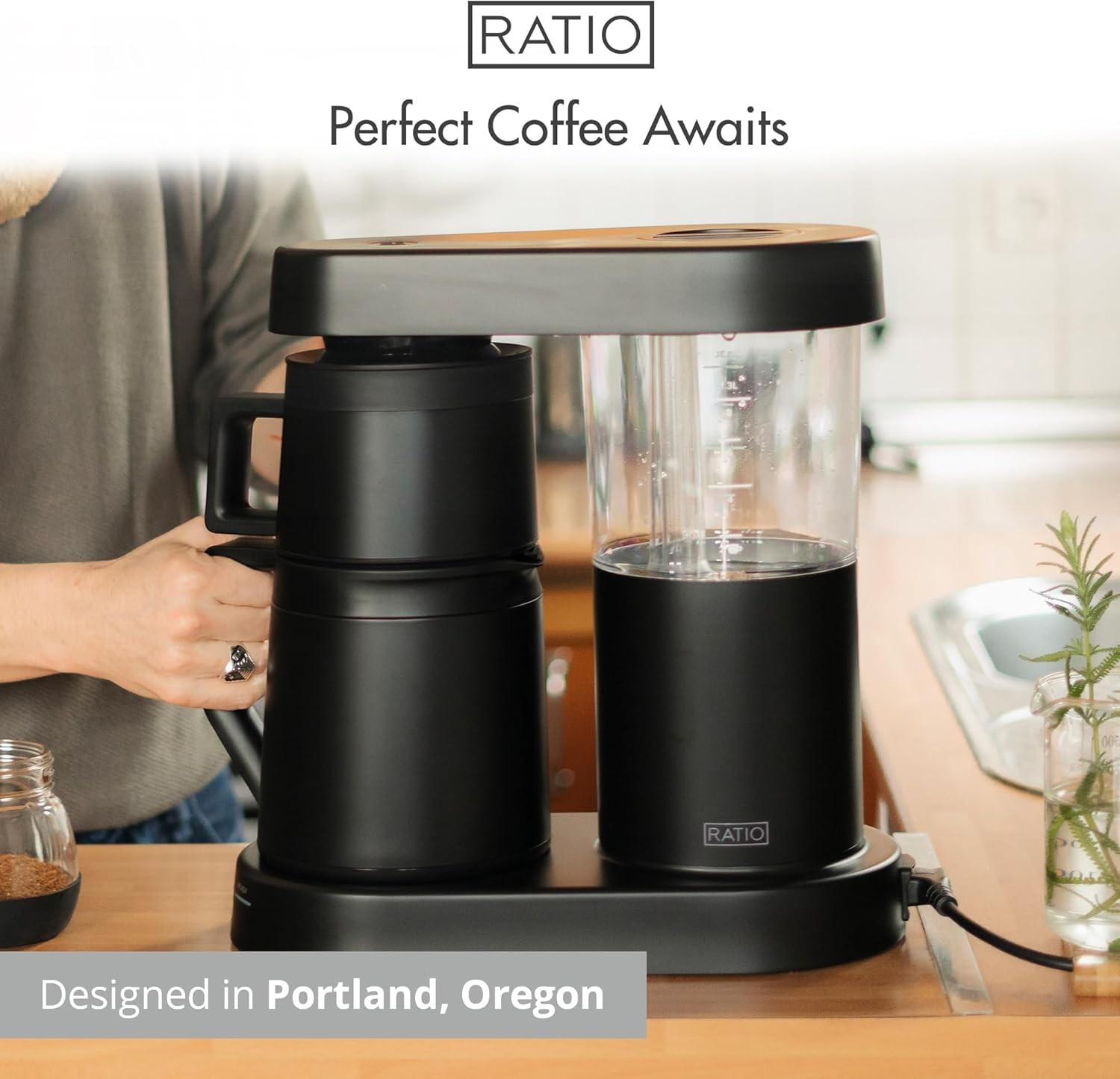 Ratio Coffee - Series 2 Six Coffee Maker, Simulated Pour-Over Coffee Maker, 1.25L/40oz Carafe Capacity, Matte Black, Makes 2-8 Cups, 6.75"D x 13.5"W x 3 2.4"H