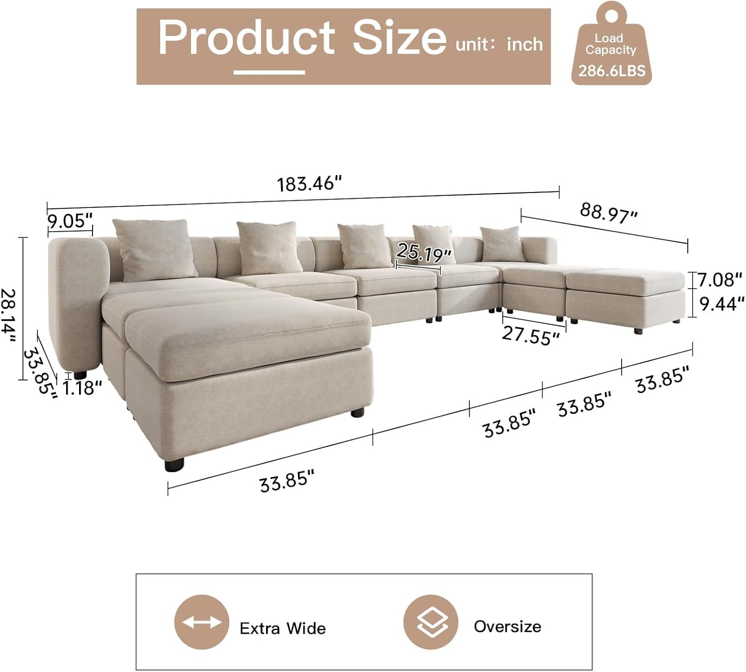 Guyii Velvet Sectional Sofa, Modern Oversized 9-Seater Sofa with 5 Pillows and Storage Footstool, 183.46" L Convertible Sofa with Cushions, U-Shaped Sofa for Living Room, Apartment, Home
