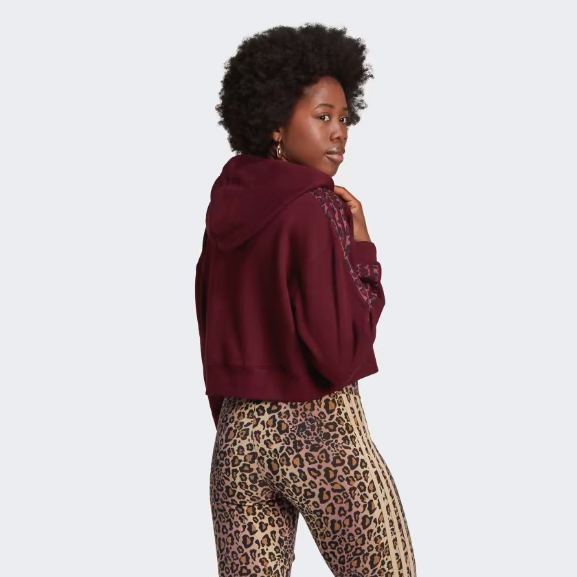 New Adidas Originals Cropped hoodie maroon leopard striped sweater-