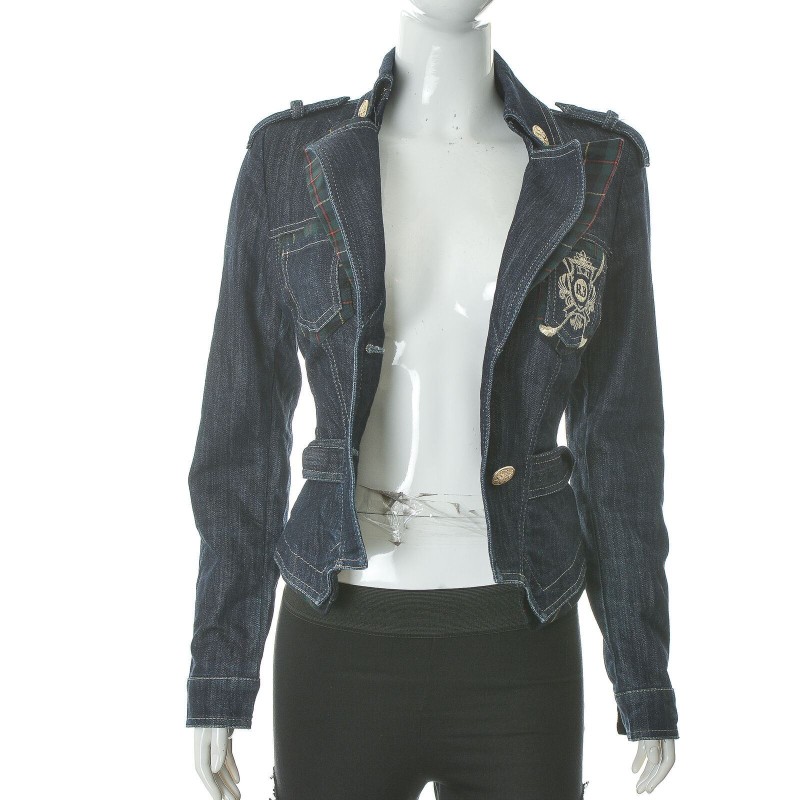 Rocco Barocco Women's Denim Jacket Blazer 2 Button Contrast Plaid Size DE-36