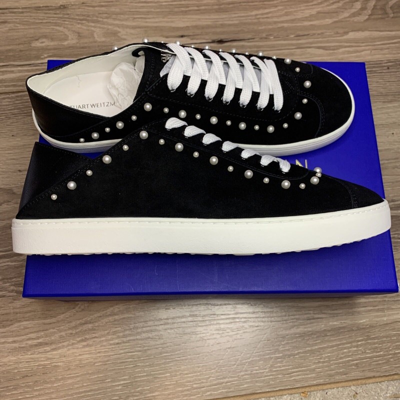 STUART WEITZMAN Goldie Black Pearl Super Stud Conv Sneaker Suede SA315 NEW
