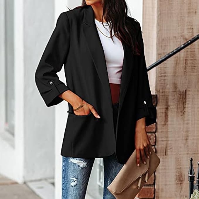 FSHAOES Women's Casual Blazers 3/4 Sleeve Open Front Cardigan Work Office Jackets Blazer with Pocket
