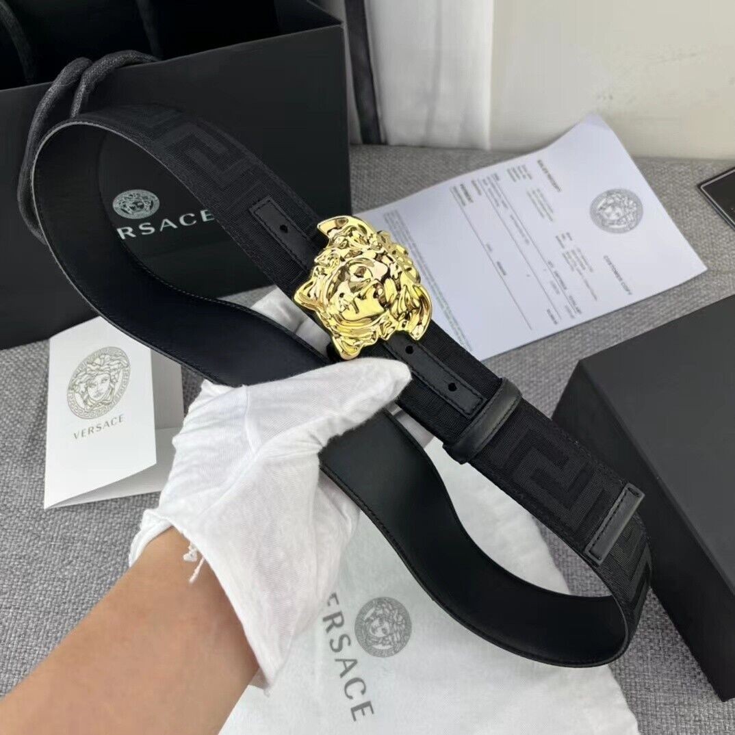 Versace La Medusa Men's Black/Gold Greca Print 40mm Nylon Belt New