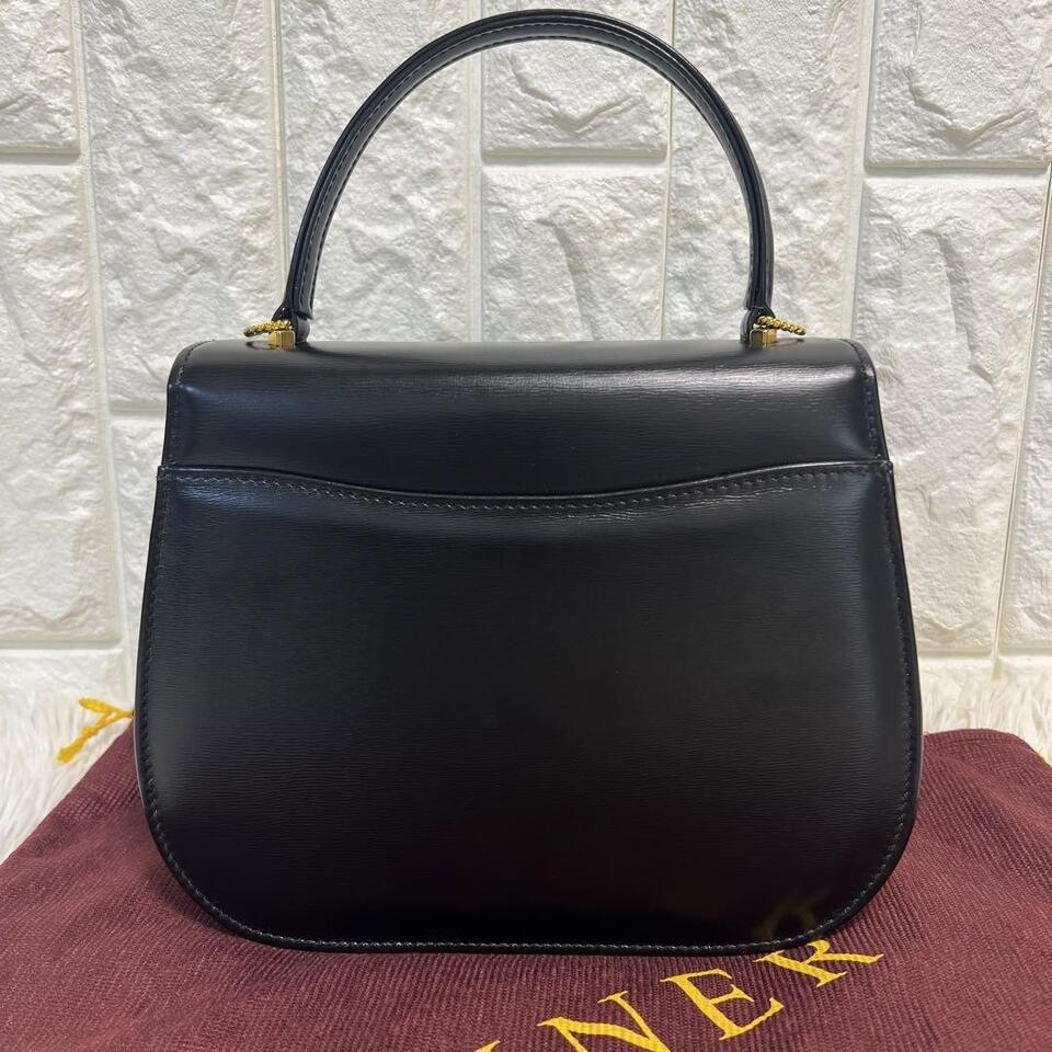 Authentic launer london top handle bag formal leather black vintage from japana
