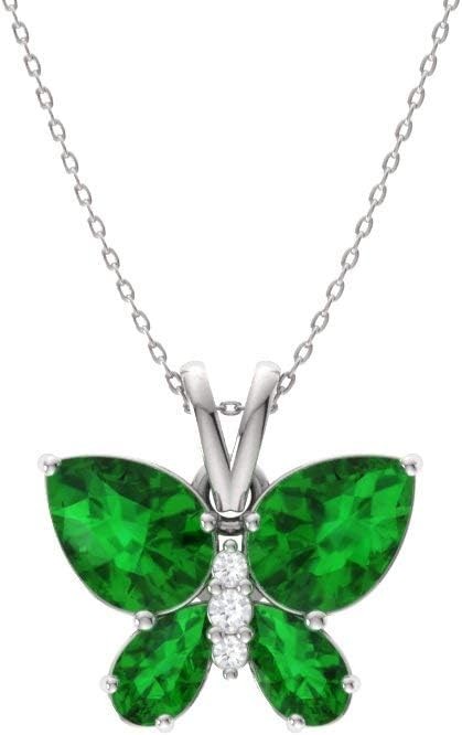 Diamondere Natural Certified Gemstone and Diamond Butterfly Small Necklace in 14k White Gold | 1.04 ct Pendant on Chain