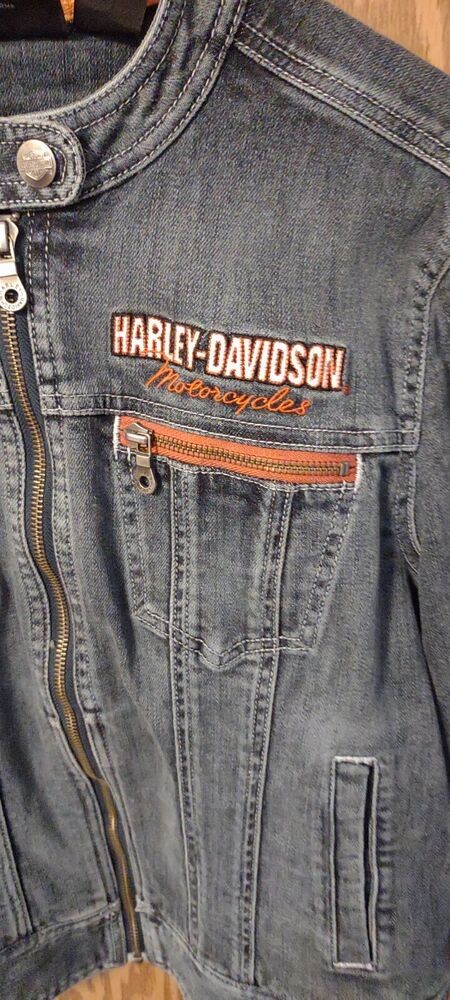 Vintage Women Harley-Davidson Denim Jacket Embroidered Zip Up sz L #99065-08VW