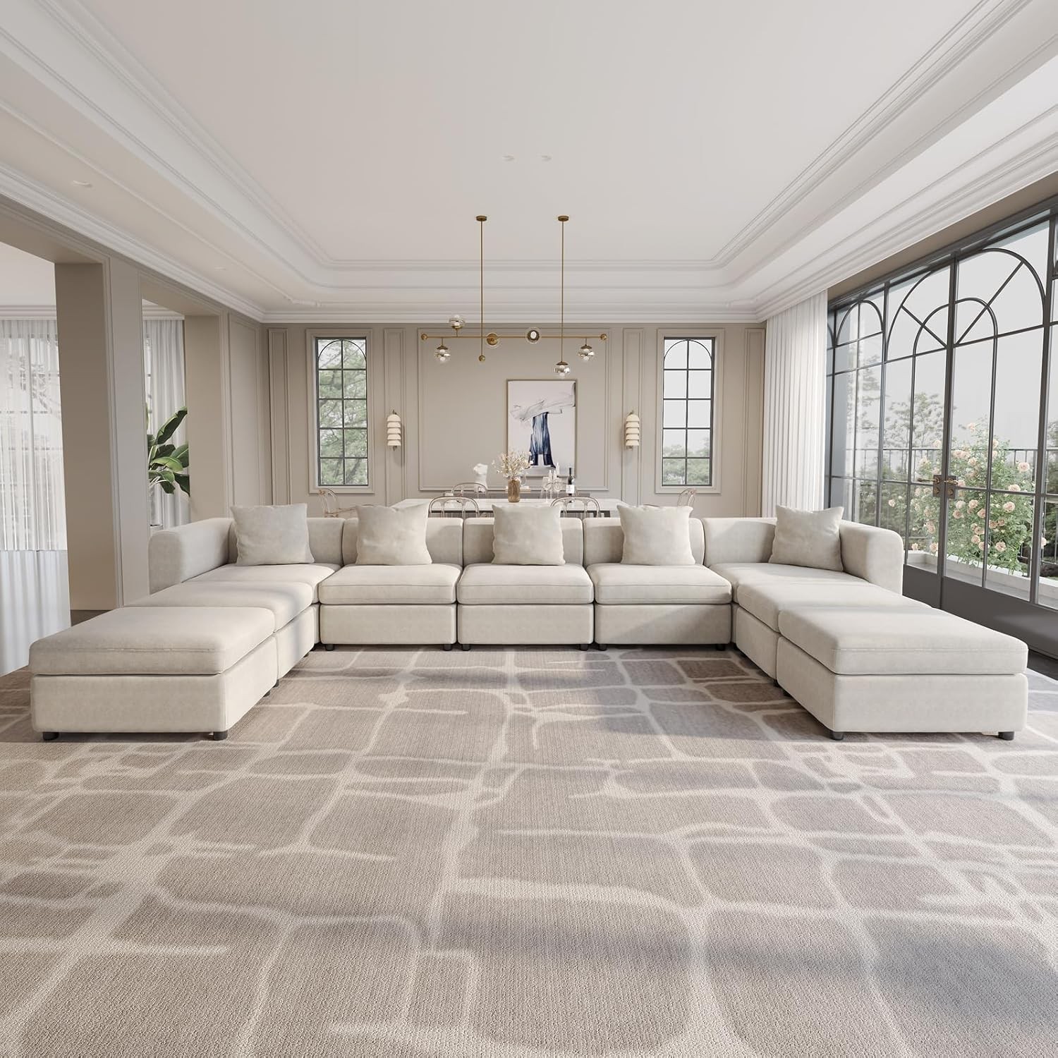 Guyii Velvet Sectional Sofa, Modern Oversized 9-Seater Sofa with 5 Pillows and Storage Footstool, 183.46" L Convertible Sofa with Cushions, U-Shaped Sofa for Living Room, Apartment, Home