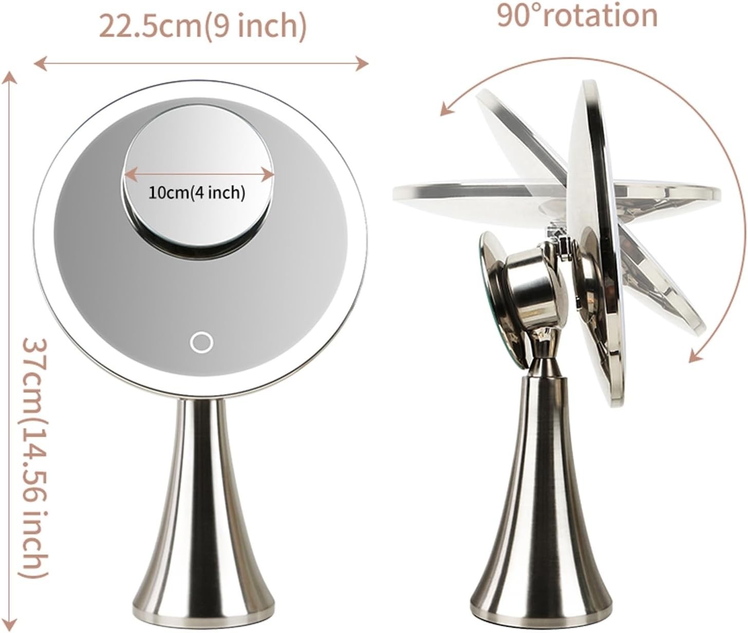 9" Illuminated Round Makeup Mirror, 5x/10x Dual Magnification, Beauty Mirror with Super Bright LED Light, Rechargeable, Cordless, Touch Control Adjustable Brightness, Brushed Stainless Steel