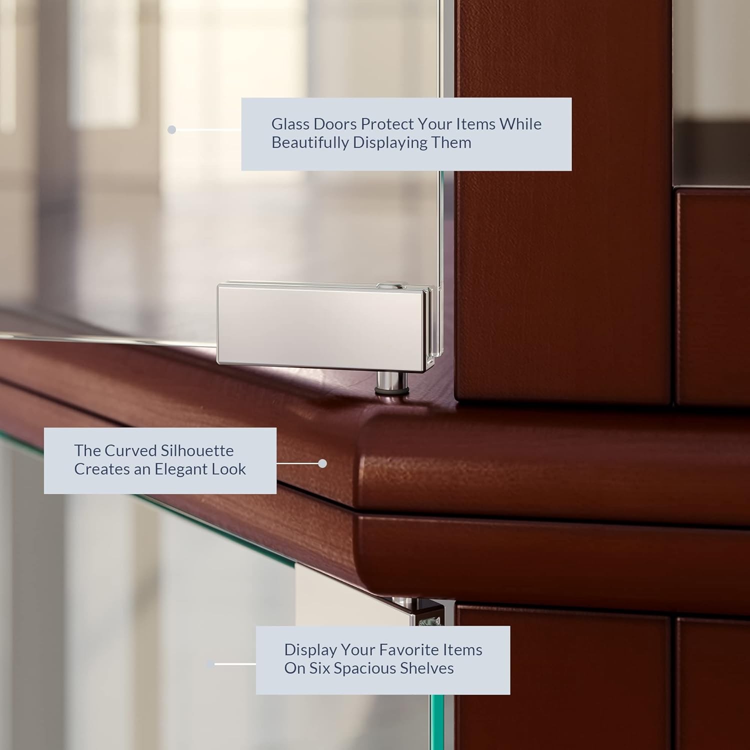 BELLEZE Lighted Corner Display Curio Cabinet,72" Tall Wooden Curved Shelving Unit with Tempered Glass Door, Bar and Liquor Storage Area with 6 Shelves - Ashfield (Walnut)